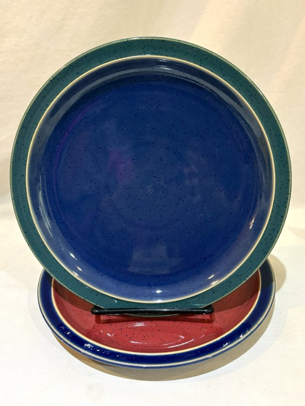 Pair of Denby Harlequin Stoneware Salad Plates Blue and Maroon Made in England